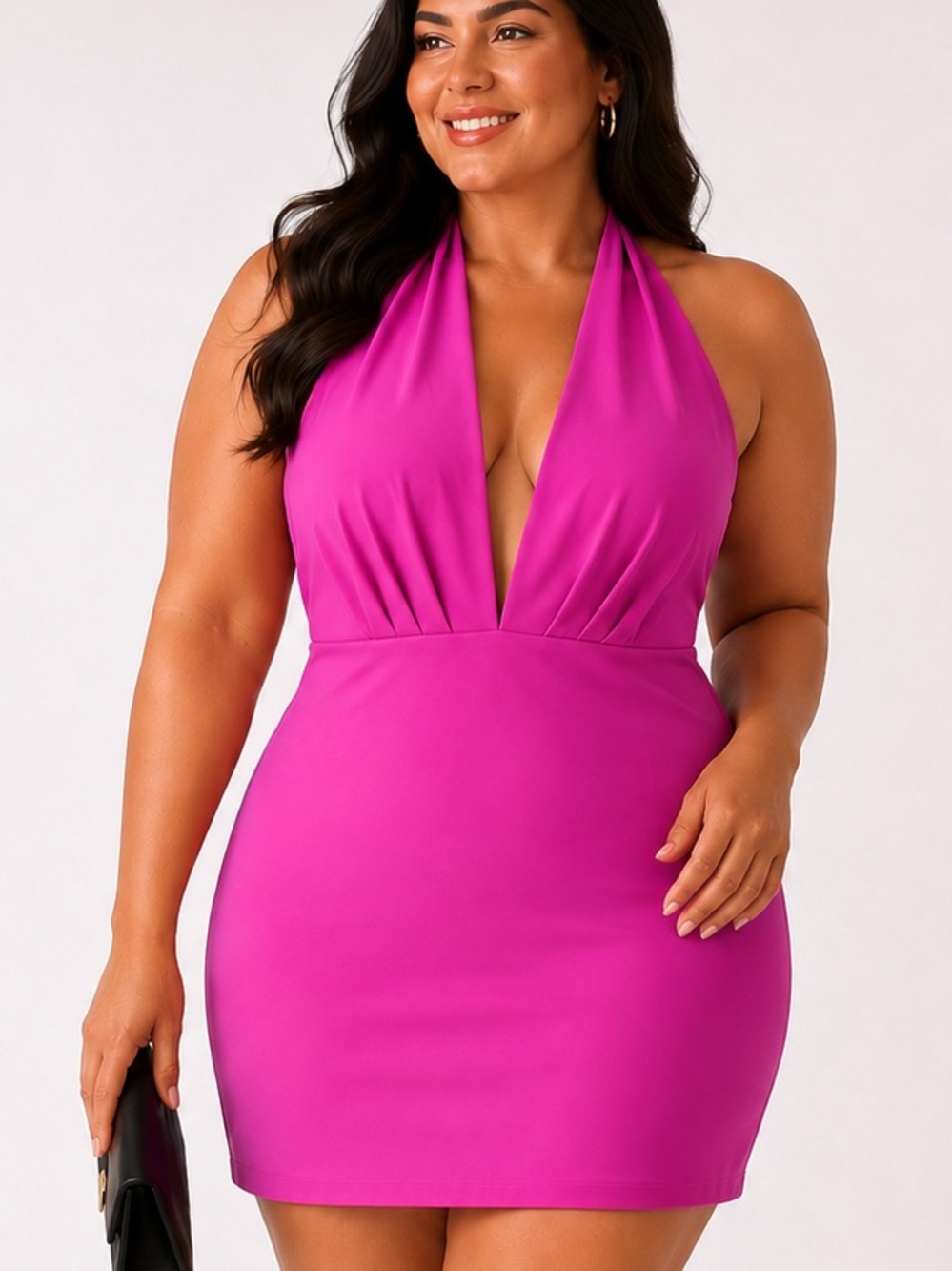 DO+BE Hot Pink Halter Mini Dress Size Large | Deep Plunge Open Back Cocktail - Picture 1 of 9